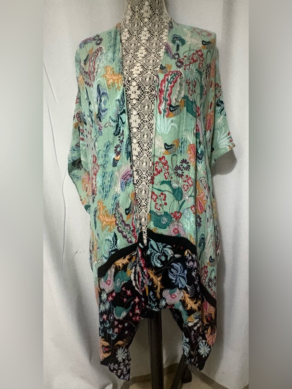 Angie Kimono Duster One Size  Short Sleeve Flowy Boho Cover Up Calf Length